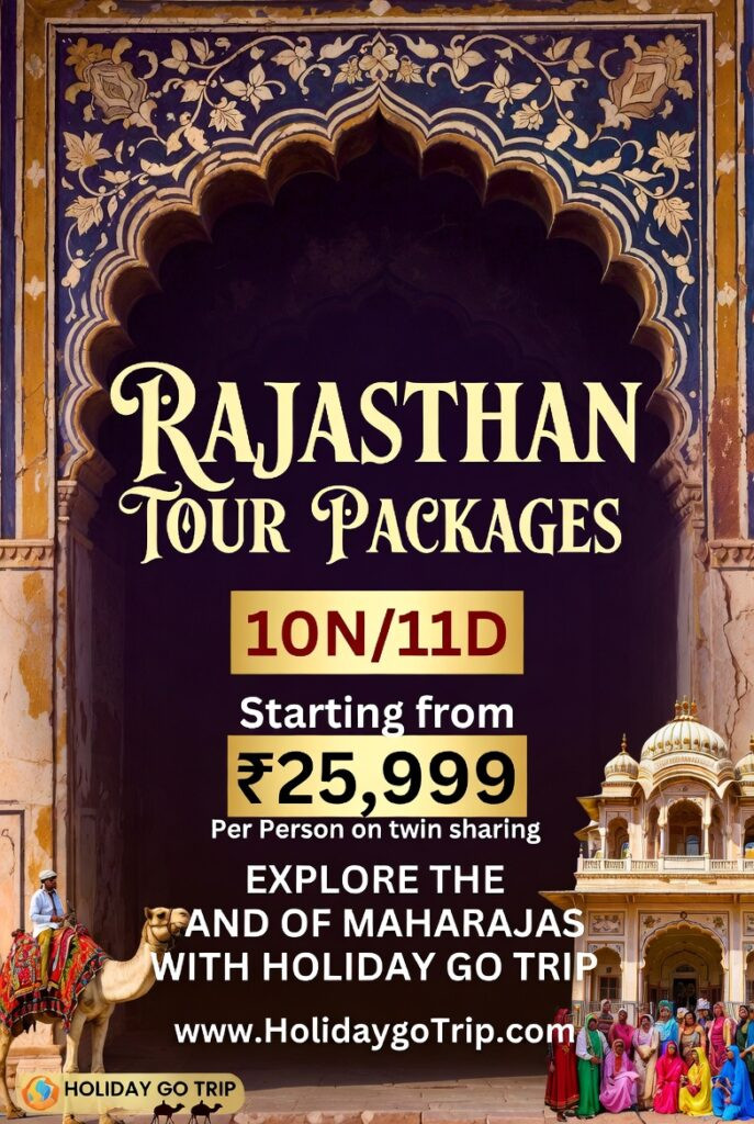 Rajasthan tour packages 10 nights 11 days itinerary map Jaipur Amer Fort morning view Bikaner Junagarh Fort exterior Jaisalmer desert camel safari sunset Luxury desert camp tent Rajasthan Mehrangarh Fort Jodhpur Udaipur City Palace lake view Pushkar lake evening aarti Mount Abu Dilwara temple Rajasthan family tour SUV travel Honeymoon couple Udaipur boat ride Rajasthani folk dance desert camp Jawai leopard safari Rajasthan Chand Baori stepwell Rajasthan palace hotel interior