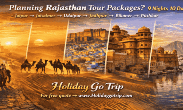 9 Nights 10 Days Rajasthan Tour Package - Holiday Go Trip Rajasthan tour packages 9 nights 10 days featuring Amer Fort and a camel at sunset.