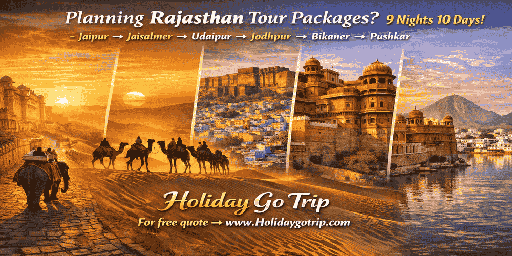 9 Nights 10 Days Rajasthan Tour Package - Holiday Go Trip Rajasthan tour packages 9 nights 10 days featuring Amer Fort and a camel at sunset.