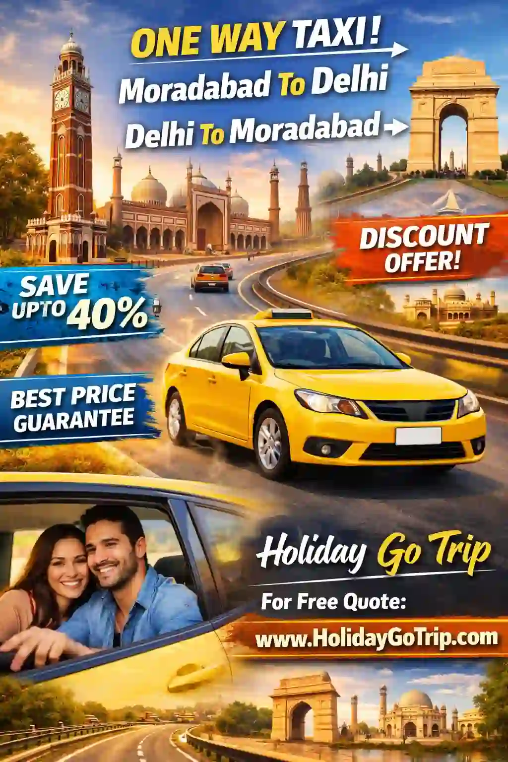 Professional verified driver for Moradabad to Delhi one way cab holding steering wheel.