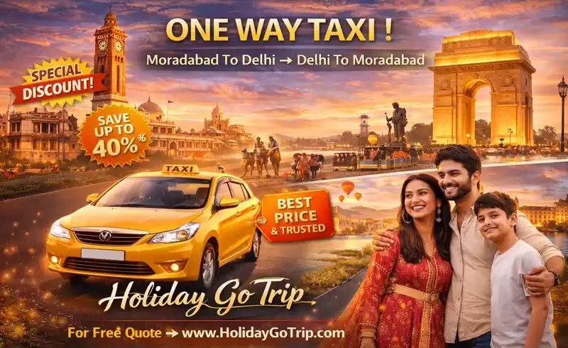 Comfortable family traveling in a Moradabad to Delhi taxi on NH 9 highway.